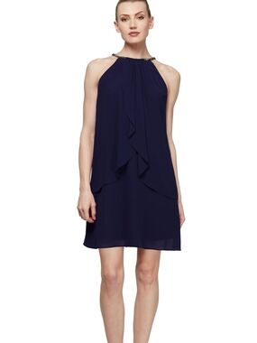 S.L. Fashions Navy Halter Ruffle Midi Dress Navy 4P